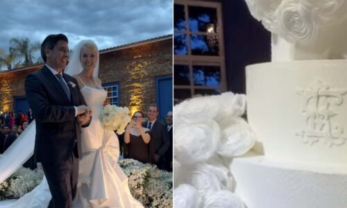 Ana Hickmann e Edu Guedes apostam no clássico em casamento com bolo de nove andares