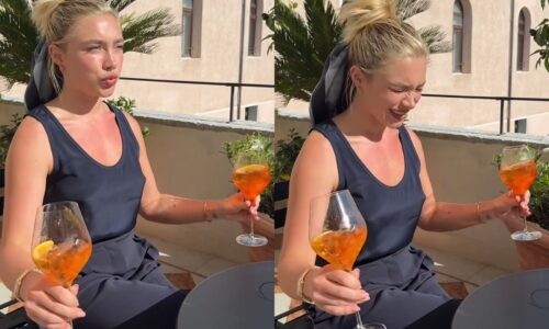 Florence Pugh brinca ao tomar drinks em Veneza